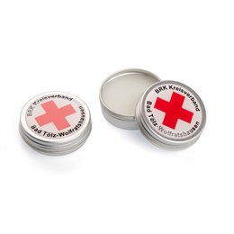 bedrcukte Werbe-Lippenpflege in Retro-Blechdose für das Bayerische Rote Kreuz