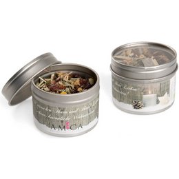 Bio-Tee in wiederverwendbarer Dose mit Sichtfenster und bedruckter Banderole als Werbeartikel