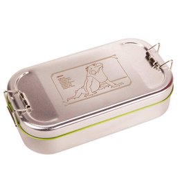 Retro-Werbe-Lunchbox aus Weißblech mit grünen Rand und Logo-Lasergravur