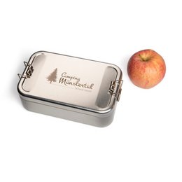 Hochwertige Lunchbox aus Weißblech mit logo-Lasergravur camping im Münstertal