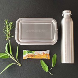 Werbegeschenkset Wandern mit  Lunchbox XL, Thermoflasche und Müsliriegel