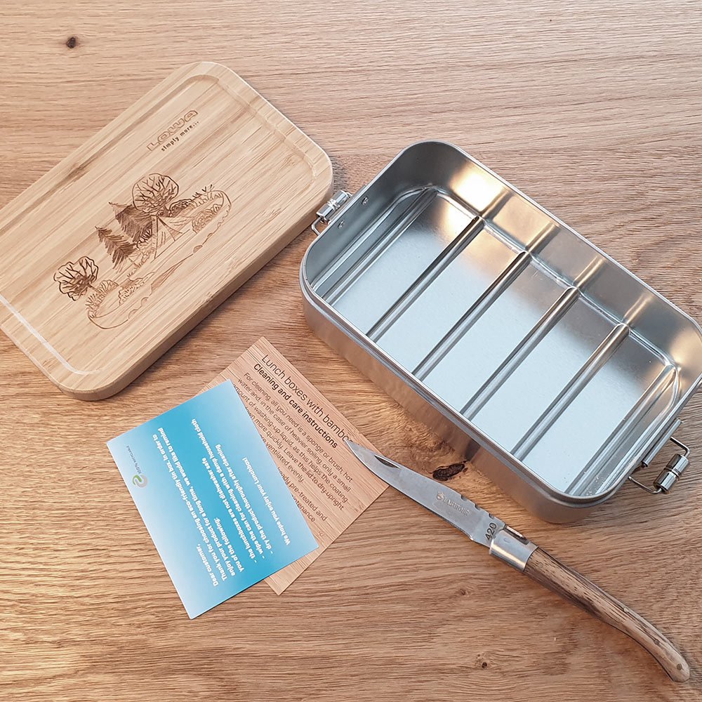 Brotzeitbox mit 1100 ml Füllvolumen, lasergravierter Bambusdeckel 