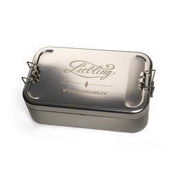 schaut gut aus: Lasergravierte Lunchbox XL mit Stülpdeckel und Scharnieren, aus Weißblech