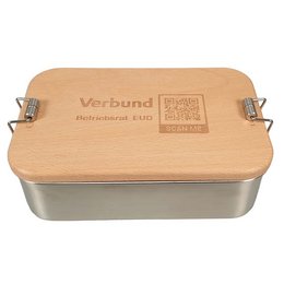 Lunchbox aus Edelstahl, Buchenholzdeckel lasergraviert
