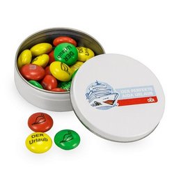 Ihr Logo auf M&amp;M`s: Marken-Süßigkeiten in runder bedruckter Metallbox als süßer Streuartikel 