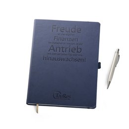 Hochwertiges Werbe-Notizbuch mit edlen Lederimitat Einband, individueller Logo-Blindprägung