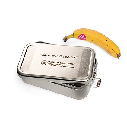 Gravierte Lunchbox XL aus Weißblech – zertifiziert nachhaltig.