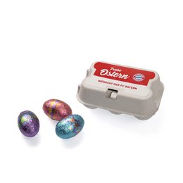 Individuell bedruckter Werbeartikel Eierkarton mit Ostereier befüllt für die Osterzeit