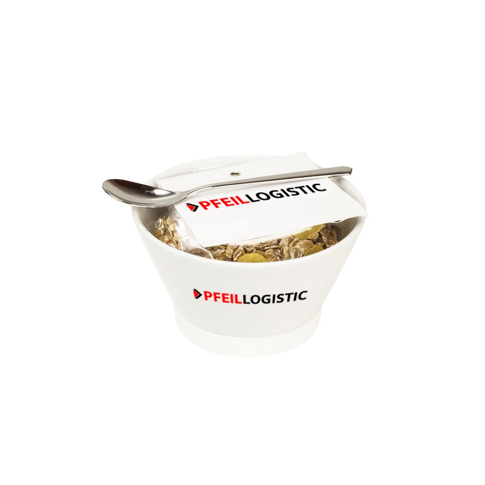 Bedruckte Werbe-Müslischale Markenporzellan und knuspriges Müsli mit Logo bedruckt