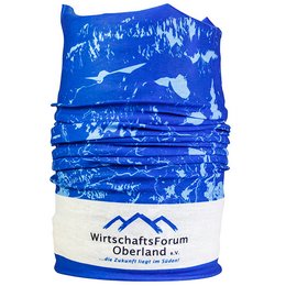 Werbe-Multifunktionstuch aus Polyester vollflächig atmungsaktiv bedruckt für die Wirtschaftsregion Oberland südlich von München