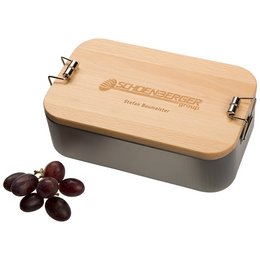 Werbe-Lunchbox mit geöltem Buchenholzdeckel und Einzelnamen Gravur personalisiert