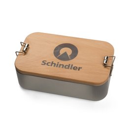 nachhaltige Lunchbox aus weißblech mit geöltemBuchenholzdeckel und individuellem Logo-Einbrand