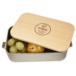 Nachhaltige Lunchbox mit Buchenholzdeckel und individuellen Werbemotiv
