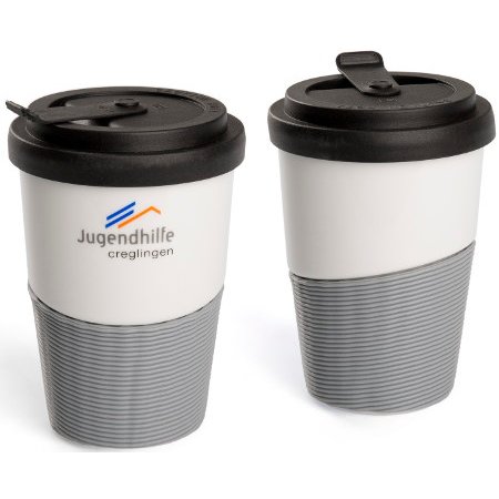 Coffee to go Becher aus Porzellan WAVE Form 467 bedruckt mit Logo: Nachhaltig, wiederverwendbar - für unverfälschten Kaffeegenuss