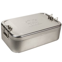 Nachhaltige und individuelle Werbe-Botzeitbox aus Weißblech mit Logo-Prägung.