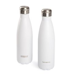 Nachhaltige Werbe-Thermosflasche, doppelwandig, Vakuum Premium-Qualität in weiß mit Logo-Lasergravur für Samsonite und American Tourister produziert