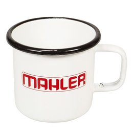 Retro Emaille Werbe Kaffe-Tasse in weiß mit schwarzem Trinkrand mit individuellem Logo bedruckt