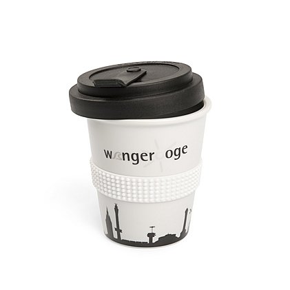 Nachhaltiger Coffee2Go Porzellanbecher mit mehrfarbigen Volldekor Transferdruck.