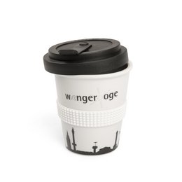 Nachhaltiger Coffee2Go Porzellanbecher mit mehrfarbigen Volldekor Transferdruck.
