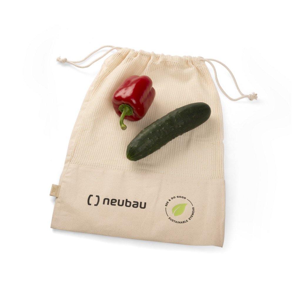 Nachhaltiger Mehrweg Obst und Gemüsebeute laus 100% Bio Baumwollel mit Werbedruck