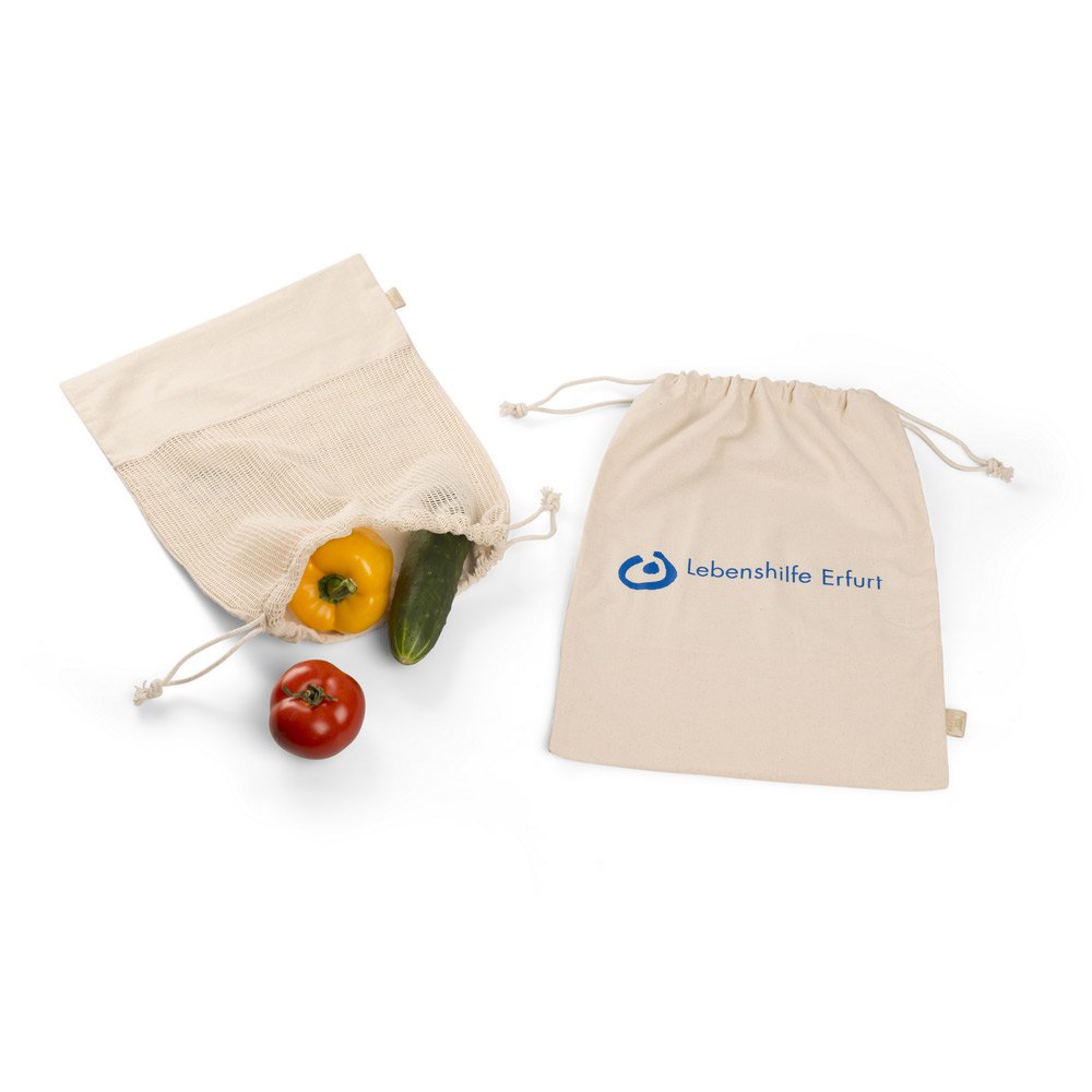 Werbe-Obst- und Gemüsebeutel aus Bio-Baumwolle mit Zugkordel, individuell bedruckbar.