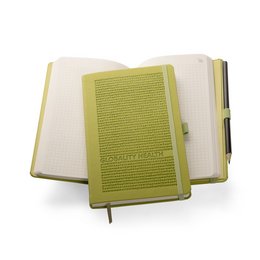 Logo-Notizbuch Appeel, zum Teil aus Apfelresten hergestellt, mit individueller Blindprägung