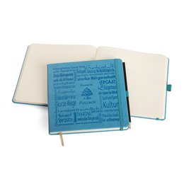 Hochwertiges Werbe-Notizbuch, qaudratisch mit individueller Werbeprägung auf dem Cover, Stadtmarketing