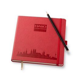 Notizbuch Ivory in rot im quadratischen app Format mit Werbeanbringung per Blindprägung