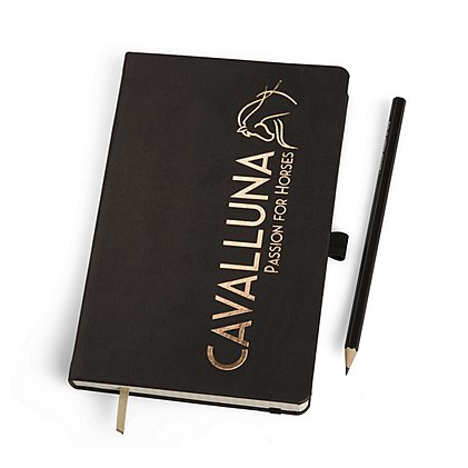 Exklusives Notizbuch IVORY LINE Q25 in schwarz, 130 x 210 mm, mit individueller goldener Folienprägung