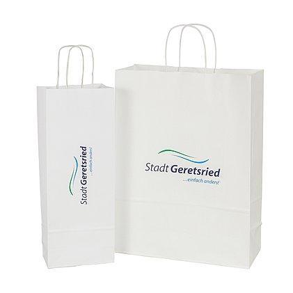 Papier-Flaschentasche und passende Papiertragetasche mit Heißfolienprägung des Firmenlogos