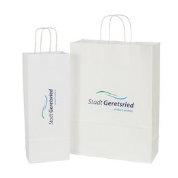 Papier-Flaschentasche und passende Papiertragetasche mit Heißfolienprägung des Firmenlogos