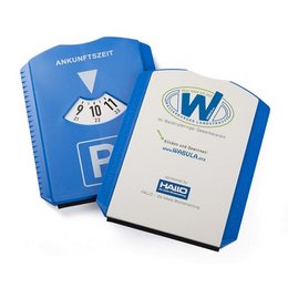 Werbeartikel mit Zweitnutzen: Bedruckte Parkscheibe mit Eiskratzer als Werbemittel 