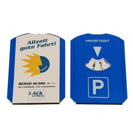 Logo-Parkscheibe blau mit Eiskratzer, rückseitiger Werbedruck