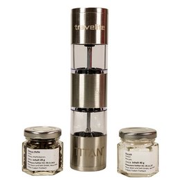 Perfekt für kulinarische Genießer auf Weltentdeckung: praktische und trendige Duo Pfeffer- und Salz-Werbe-Mühle Dumelo metall mit Keramik-Mahlwerk und Logo-Lasergravur graviert 