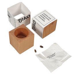 Pflanzholz „Erle“ mit Sonnenblumen-Samen und Substrattablette mit umlaufend bedruckter Werbebanderole