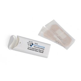 bedruckte Kunststoff-Pflasterbox mit zehn versiegelten Pflasterstrips