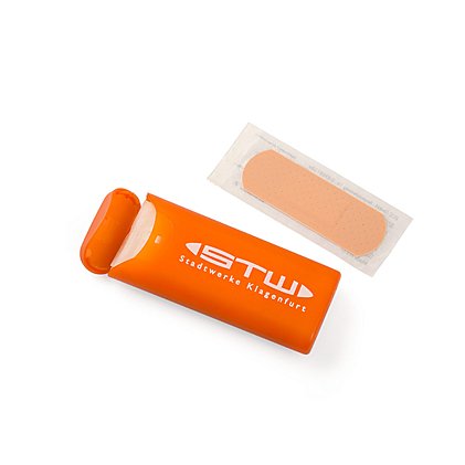 10 Pflaster-Strips in der mit Firmenlogo bedruckten Werbe-Kunststoffbox, in vier Farben erhältlich