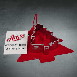 Edelstahl Plätzchenausstecher in Tannenbaumform mit Aoste Logo und Weihnachtskarte