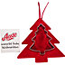 Plätzchenausstecher aus Weißblech mit Lasergravur in Baumform auf rotem Hangtag mit Weihnachtsgruß von Aoste