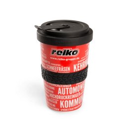 Werbe-Coffee to go Becher aus Porzellan auslaufsicher und Reifenprofil-Banderole