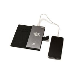 Power-Manager Bank 8000 mAh metall gebürstet Klapp-Etui mit Firmenlogo graviert, Messebauer Massdrei