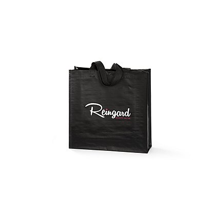 edle, schwarze mit weißem Logo bedruckte nACHHALTIGE  PP-Woven Werbetasche 35 x 35 x 12 cm