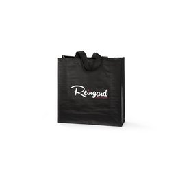 edle, schwarze mit weißem Logo bedruckte nACHHALTIGE  PP-Woven Werbetasche 35 x 35 x 12 cm