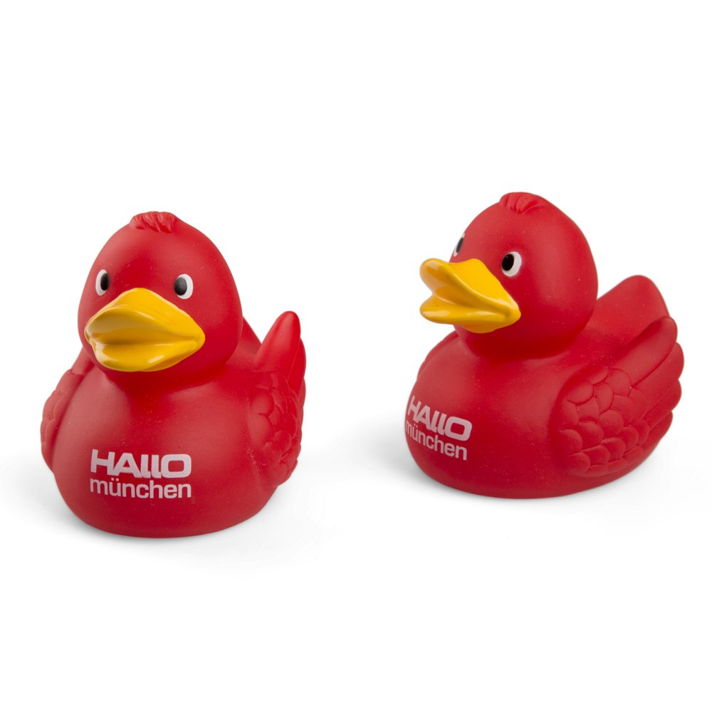 Promo Ducks: Quietsche-Ente in Rot mit Firmenlogo bedruckt