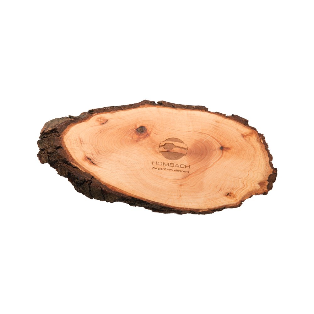 Rustikales Rindenbrett oval, geölt mit Logogravur für Ernst Hombach