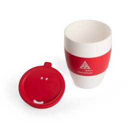 Schicker bedruckter Mehrweg-Coffee2go Becher aus Kunststoff marke Koziol Made In Germany