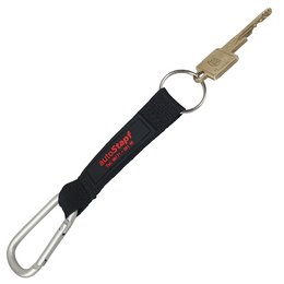 Werbe-Schlüsselanhänger mit Karabiner, mit Rubber-Logo-Aufnäher 