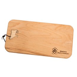 Hochwertiges Werbe-Schneidebrett aus Erle mit Lasercut Motiv Kuh und Brandstempel für GGI German Genetics