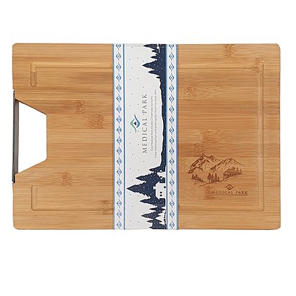 Schneidebrett Elegance aus Bambus-Holz mit Edelstahlgriff mit Logo-Einbrand Berge