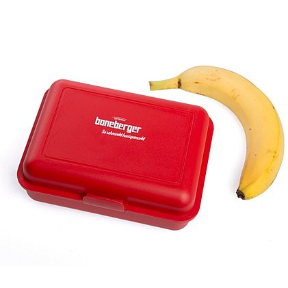 Lunchbox, Brotzeitbox Kunststoff in Rot mit Werbeanbringung durch IMOULD-Verfahren